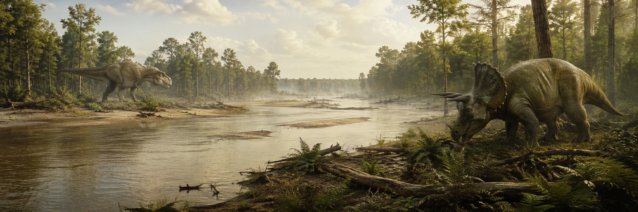 Rekonstrukcja krajobrazu Hell Creek z dinozaurami nad rzeką